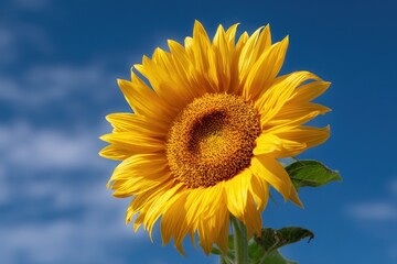 Obraz premium Sunflower head with bright yellow petals swaying gently under a clear blue sky on a warm afternoon in a vibrant garden setting