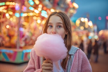 Teenage girl enjoying cotton candy at a vibrant amusement park in the evening, surrounded by colorful lights and joyful atmosphere