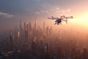 Flying taxi navigates through a stunning skyline at sunset over a bustling city with towering skyscrapers and vibrant hues in the sky