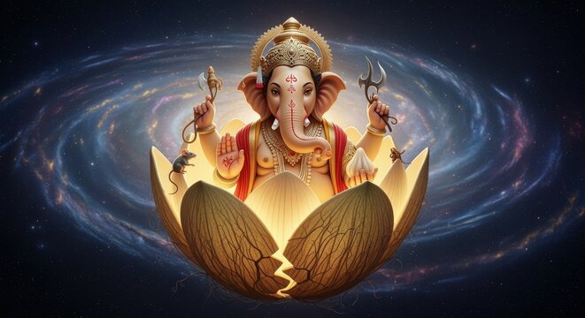 Lord ganesha, the hindu god with an elephant head, sits in a cosmic lotus against a swirling galaxy background