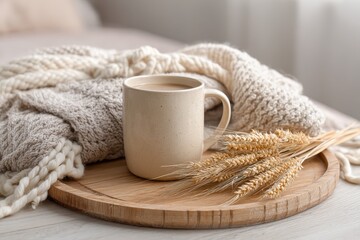 Cozy beige coffee mug placed on a wooden tray with dried wheat and a soft knitted blanket in a warm, inviting setting during the morning hours