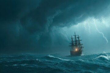 Dark stormy sea with a sailing ship navigating through heavy waves and lightning in the background during a tumultuous weather event
