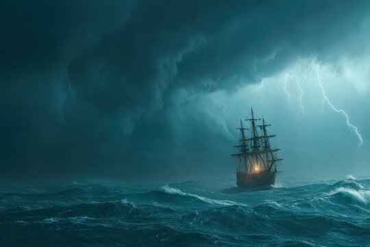 Dark stormy sea with a sailing ship navigating through heavy waves and lightning in the background during a tumultuous weather event