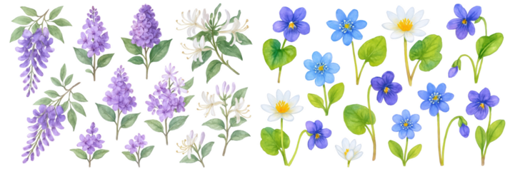 Vibrant collection of hand-drawn purple and blue flowers arranged beautifully.