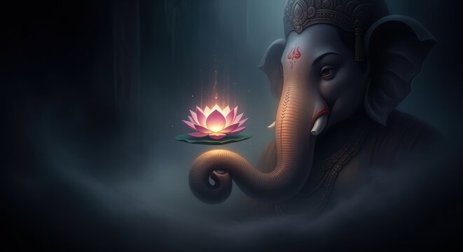 Lord ganesha, the hindu deity of wisdom and intellect, holds a glowing lotus flower in a mystical, spiritual atmosphere