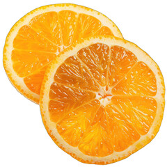 Two orange slices, close-up view.  The slices are a vibrant, rich orange, with visible segments and a juicy interior.  They overlap slightly
