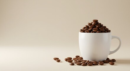 Obraz premium World Coffee Day A pristine white ceramic mug overflowing with aromatic dark roasted coffee beans, elegantly placed on a light, neutral background, symbolizing fresh, rich flavor.