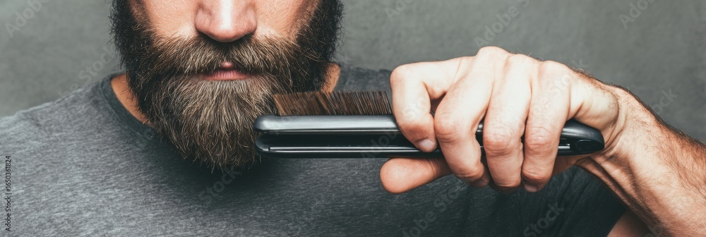 Poster grooming session focusing on a mans beard styling with a comb in a modern indoor setting during dayt