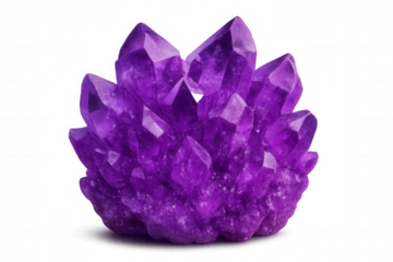Group of raw amethyst crystals forming a cluster, isolated on transparent background, ideal for geology or esoteric projects