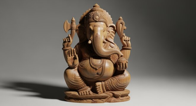 Intricately carved wooden sculpture of lord ganesha, the hindu god with an elephant head, seated in a meditative pose