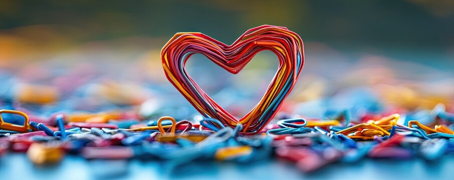 A vibrant assortment of paperclips forming a heart shape on a desk, symbolizing creativity and organization for Paperclip Day, 8k, realistic