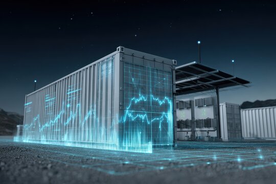 Futuristic battery storage facility showcasing advanced technology in a remote location at night with digital projections