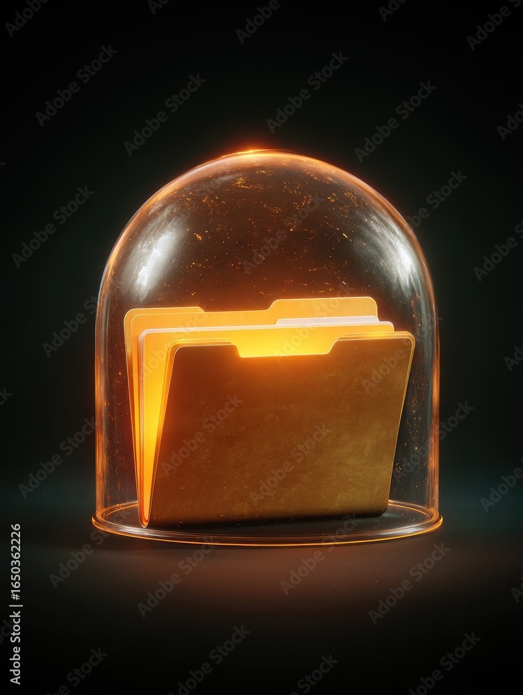 Poster protected files a glowing dome shields a file folder symbolizing the security and privacy of digital