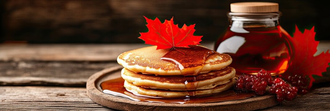 Canada Day pancakes drizzled with maple syrup on a rustic wooden table, celebrating Canadian cuisine, 8k, realistic 