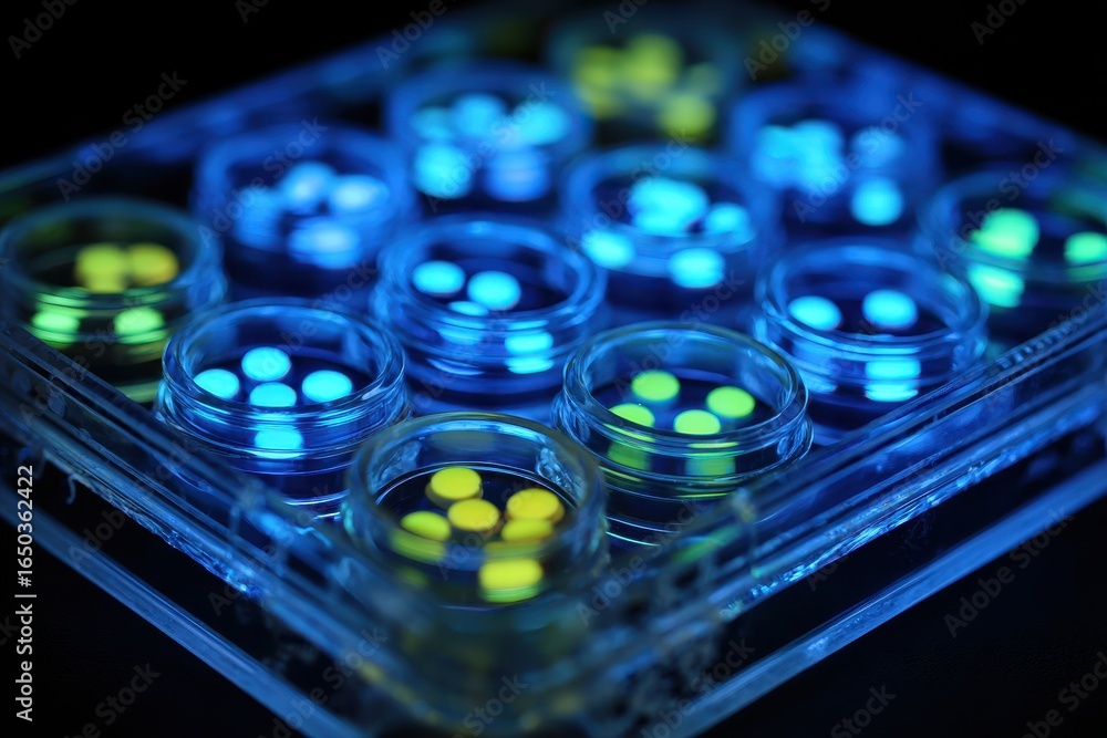 Poster fluorescent tagged molecules in plastic container under ultraviolet light showcasing vibrant colors 