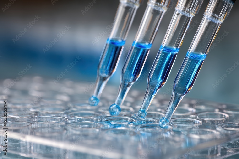 Poster close-up view of multiple pipette tips releasing blue liquid into a microplate during a laboratory e