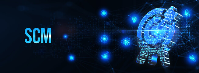 SCM - Supply Chain Management.  Supply Chain Management SCM. Aspects of Modern Company Logistics Processes. 3d illustration