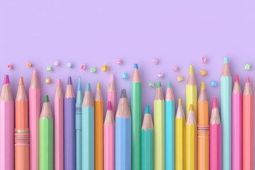 Colorful assortment of kids' art supplies display featuring vibrant colored pencils on a playful background