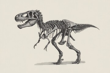 Naklejka premium Detailed illustration of a vintage T Rex skeleton showcasing the majestic structure and design of this iconic dinosaur in a scientifically accurate manner