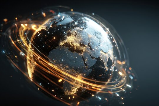 Glowing virtual globe showcasing dynamic trade routes and illuminated continents in a dark, modern environment during a technological era