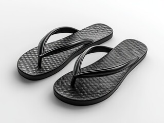 Black flip-flops on a white background, representing summer vacation and relaxation, 8k, realistic