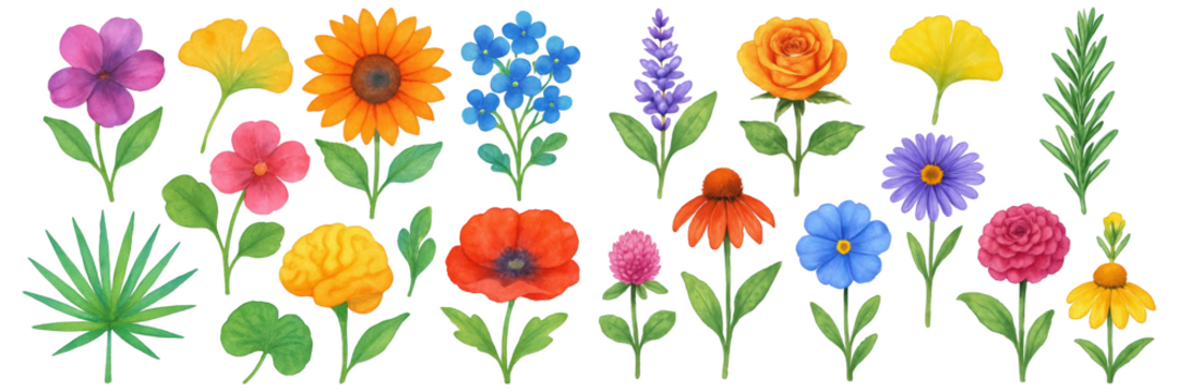 A vibrant collection of colorful flowers in various shapes and sizes, showcasing nature's beauty.