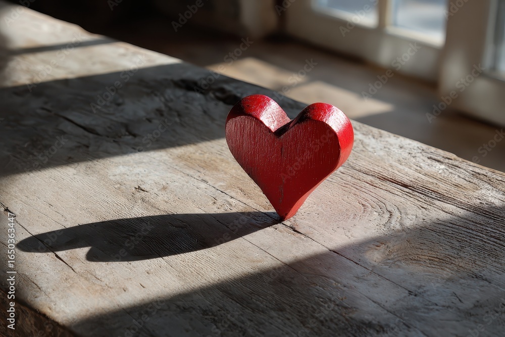 Poster red wooden heart casting a dramatic shadow on a rustic table in a sunlit room with soft natural ligh
