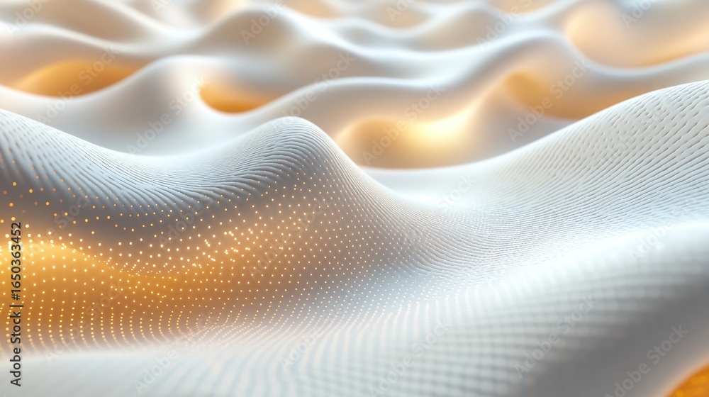 Poster abstract wavy surface with glowing dots, futuristic background, possible use in technology or design