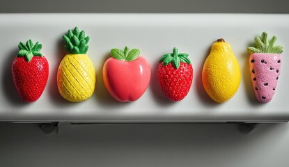 Colorful fruit refrigerator magnets in a row