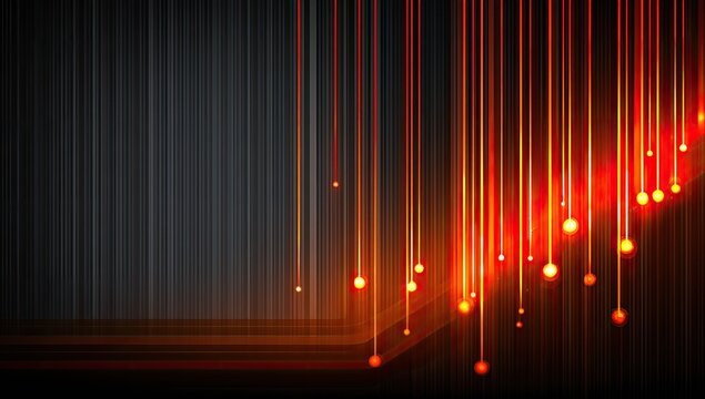 Abstract digital artwork with red glowing lines and orbs cascading down a dark background