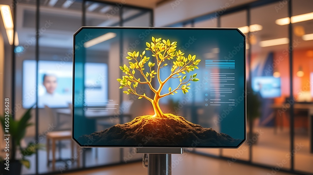 Aufkleber digital display showing glowing sapling growing from dark soil modern office background screen monit