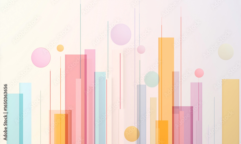 Poster abstract colorful geometric shapes with vertical bars and circles on a light background.