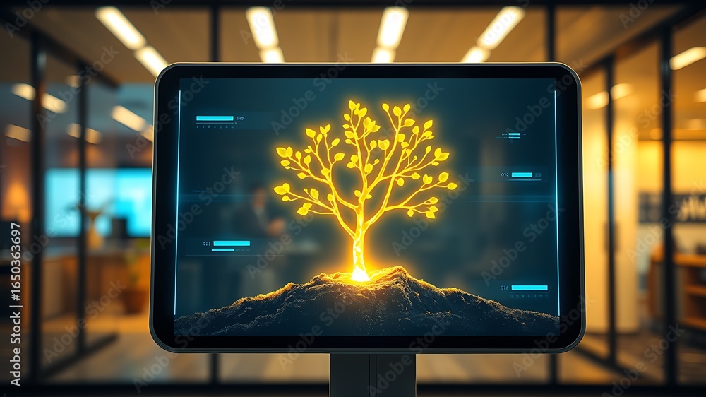 Aufkleber digital display showing glowing yellow tree growing from dark soil modern office background glowing 