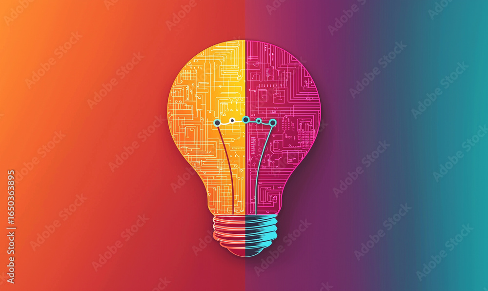 Poster a vibrant bulb with circuit patterns symbolizes innovation and technology against a colorful backdro