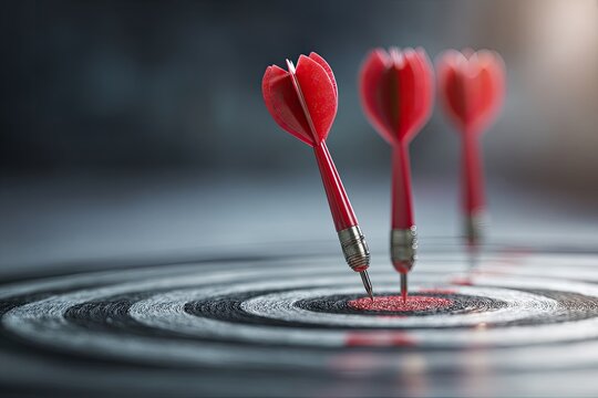 Three red darts precisely hitting a target center