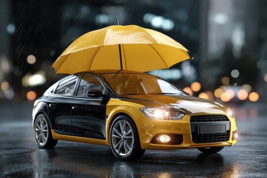 Car icon representing automobile insurance services under yellow umbrella in a rainy urban setting at night
