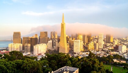 Fototapeta premium Panoramic city skyline at sunrise, shrouded in morning fog, viewed from an elevated vantage point