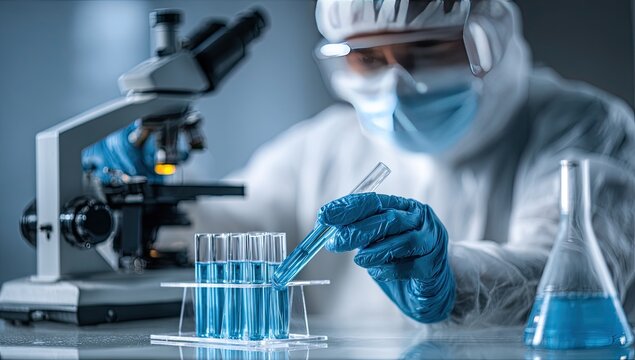 Scientist in protective gear working with test tubes and a microscope