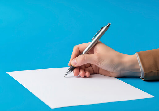 Hand holding a pen writing on a blank sheet of paper - Powered by Adobe