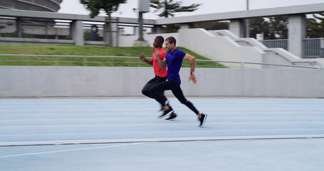 Sprint, people and running a race on track for competition exercise, speed training or endurance....