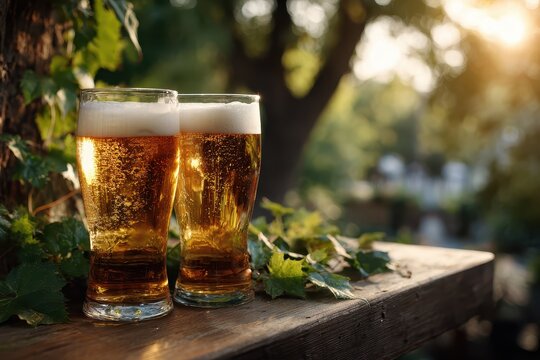 Refreshing afternoon with two glasses of cold beer on a sunlit terrace surrounded by greenery on a warm summer day