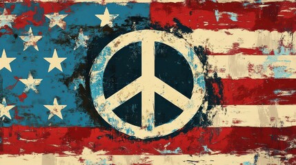 Artistic rendition of american flag with peace symbol overlayed in a painted style artwork design