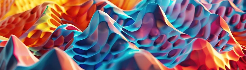 3D rendering of a colorful geometric pattern, with vivid hues and dynamic shapes creating a modern, eye-catching design, emphasizing contemporary aesthetics and visual impact