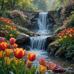 Naklejka premium Serene Waterfall Oasis: Stunning Tulips & Tranquil Nature Photography