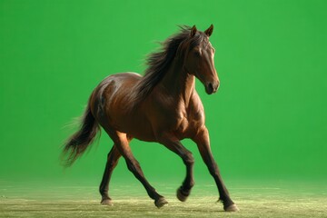 Realistic brown horse running on a green screen background in a studio setting, showcasing elegant movement and natural beauty for potential digital enhancement