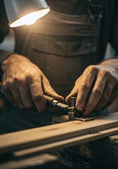 Close-up of a craftsman's hands meticulously shaping wood with a sharp chisel, showcasing dedication and skill in a woodworking workshop.