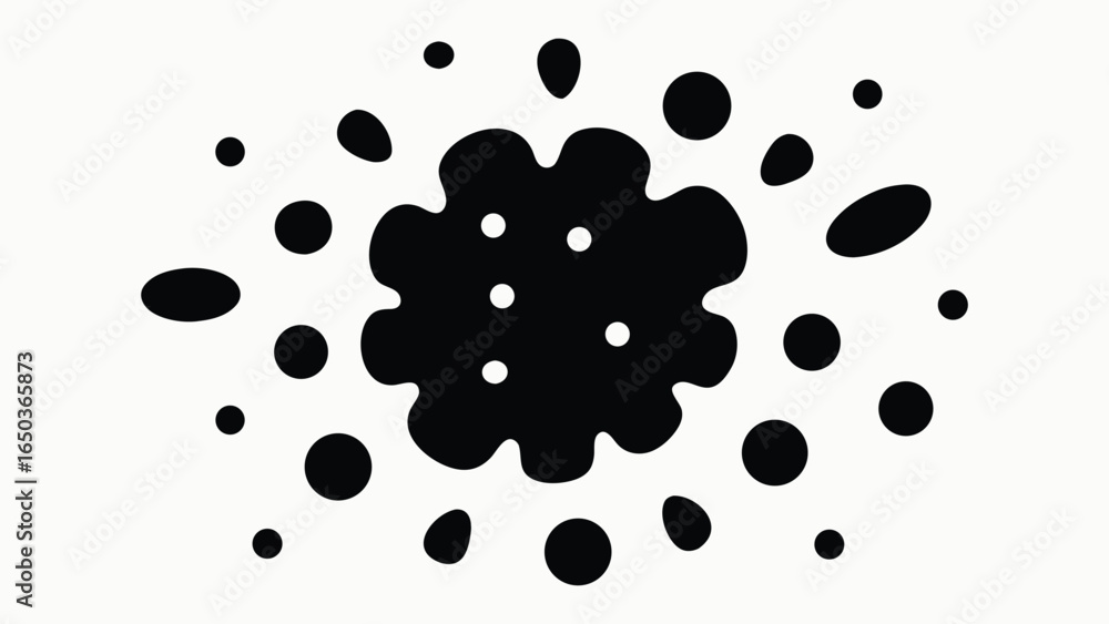 Poster vector art of abstract starburst shape with radiating black ink blots and dots isolated on white bac
