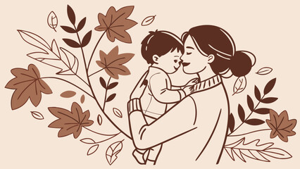 Tender Autumn Embrace: Mother and Toddler in Warm, Line Art Style, Surrounded by Fall Leaves, Evoking Feelings of Love, Comfort, and Seasonal Joy.