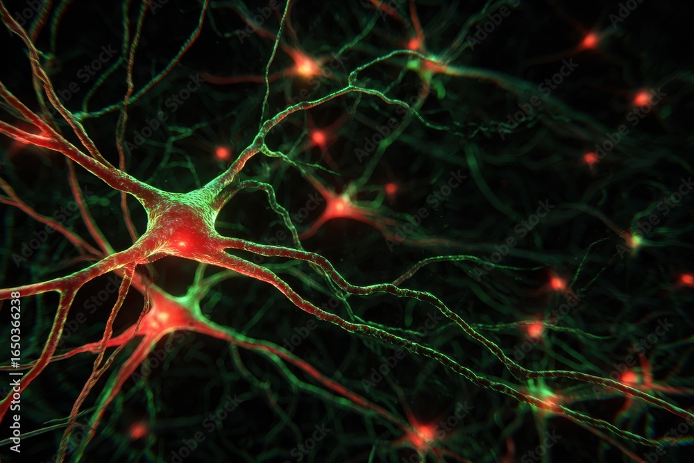 Poster neural web showcasing intricate connections between synapses illuminated in vibrant red and green co