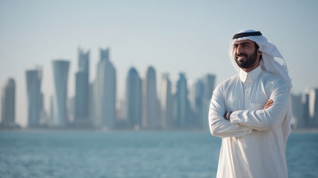 Visionary of the Metropolis: An Arab man in traditional attire stands confidently against the backdrop of a modern city skyline, embodying ambition and progress.
